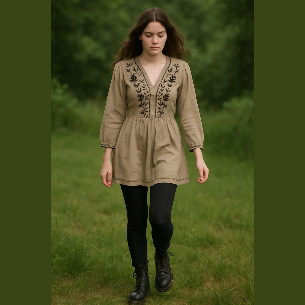 Roper Tan Tunic with Black Floral Embroidery